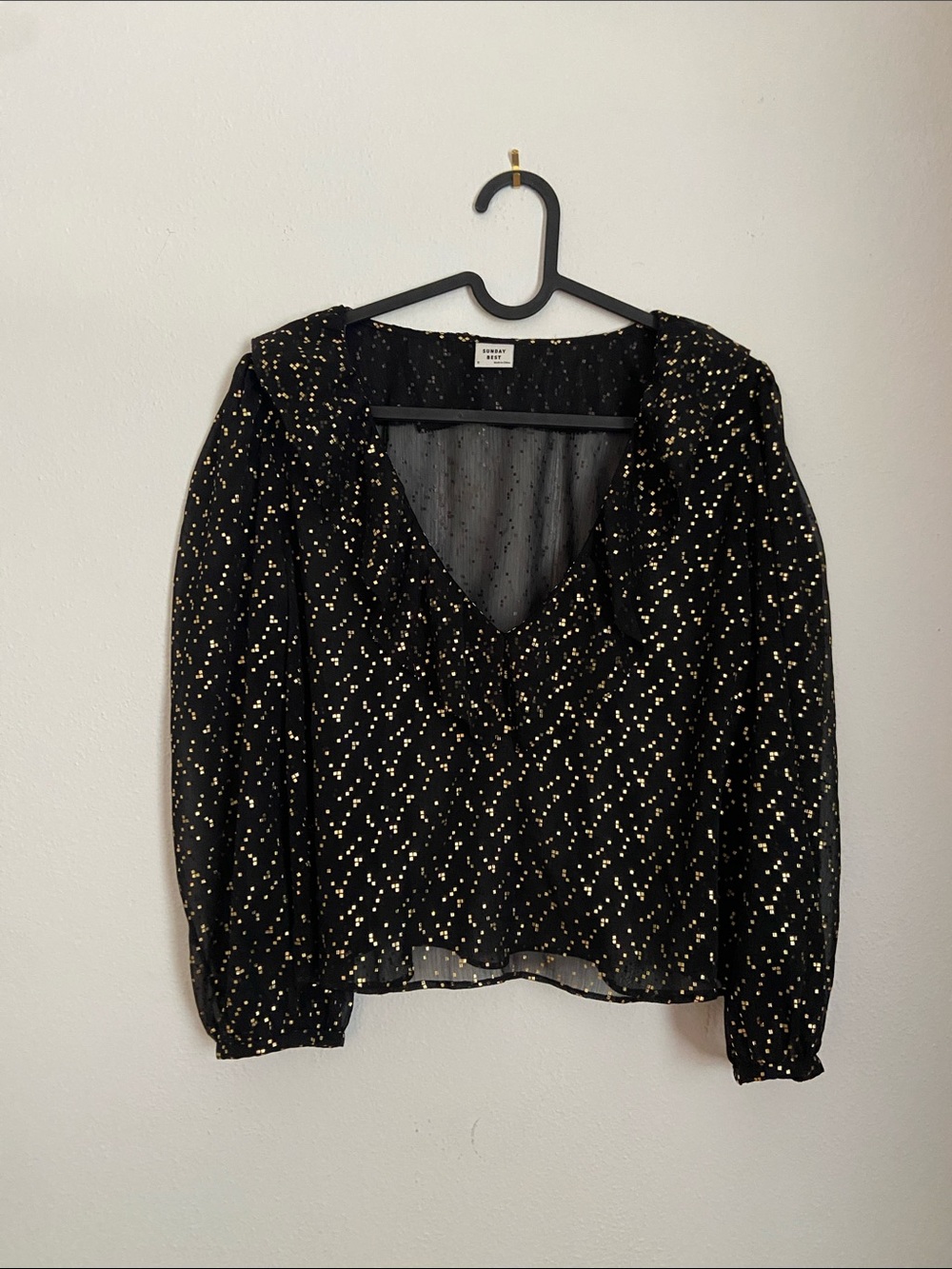 Aritzia Black Blouse with Gold Dot Print and Ruffle V-Neck